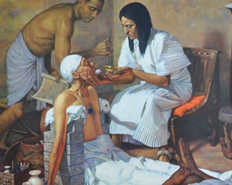 Medicine in Ancient Egypt - Original Medical Print / Poster 1960s (history, pharmacy, medicine, Egyptian physician, lockjaw, papyrus scroll)