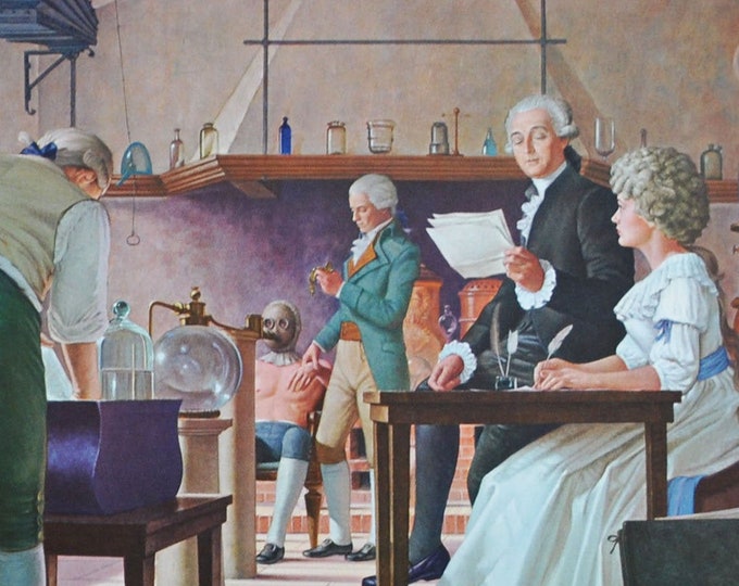 Antoine Lavoisier : Oxygen, Combustion and Respiration Original Medical Print / Poster (history, medicine, pharmacy, lungs)
