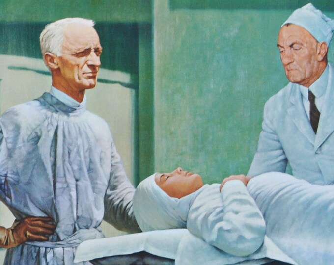 Harvey Cushing and Neurosurgery - Original Medical Print / Poster 1960s (history, medicine, pharmacy, brain surgery, anesthesia, antisepsis)
