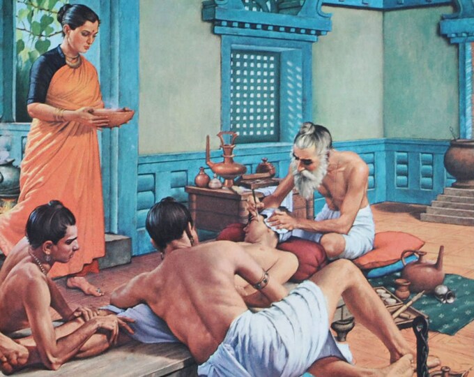 Susruta : Surgeon of Old India - Original Medical Print / Poster 1960s (history, pharmacy, medicine, The Compendium of Sushruta Vishvamitra)