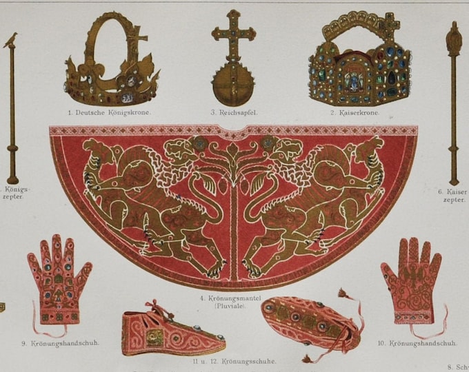 German Imperial Regalia - Original Antique Print - 1906 (history, Holy Roman Empire, Crown, Orb, Ceremonial Sword, Glove, Lance, Sceptre)