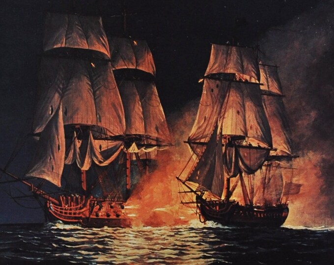 Randolph vs Yarmouth March 7 1778 - Original Military Print from 1970s (naval history us royal navy barbados nicholas biddle south carolina)