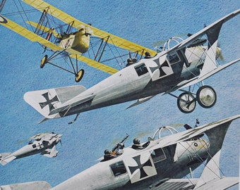 Rees And The Ten Walfische - Original Military Print / Litho 1960's (ww1 plane fighter pilot aviation history dehavilland roland c-II german