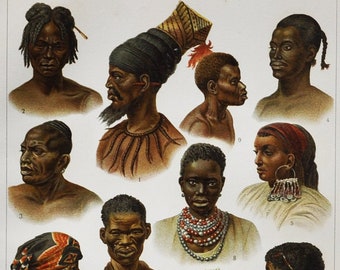 African People II - Original Antique Print - 1906 (Mangbetu, Monbuttu, Niam-Niam, Zande, Khoisan, Somali, Swahili Natives Tribes Indigenous)