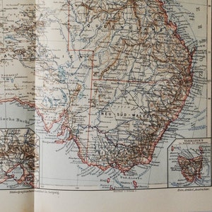 Australien - original antike Karte von 1902 (Land, Kontinent, Tasmanien, Brisbane, Sydney, Melbourne, indischer Ozean, Canberra, Queensland)