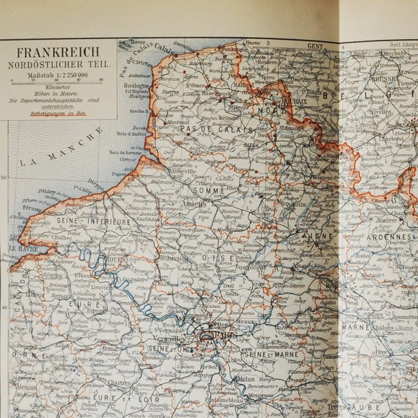 Northern France - original antique map from 1902 (country, city, paris, english channel, calais, la manche, versailles, ardennes, somme)