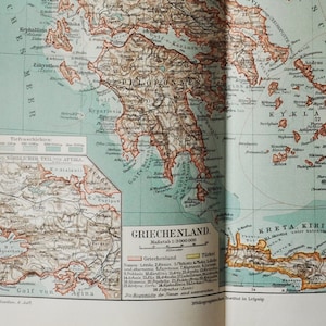 Griechenland - original antike Karte von 1902 (Länder, Städte, Peloponnes, Peloponnesus, Athen, Kreta, hellenische Republik, ägäisches Meer, ionische)