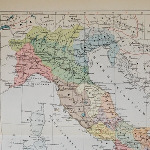 Italy during Roman Emperor Augustus - original antique map from 1902 (country, city, mediterranean sea, roman empire, sardinia, sicily)