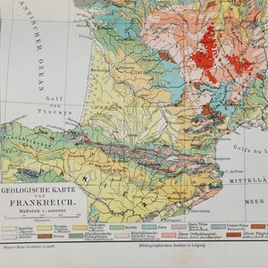 Geologie von Frankreich - original antike Karte von 1902 (Land, Stadt, atlantischer Ozean, Mittelmeer, Korsika, Pyrenäen, Paris, Rhone)