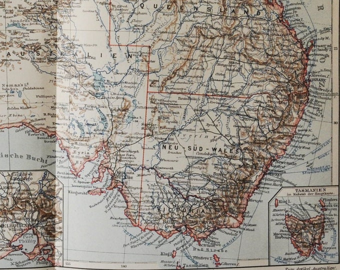 Australia - original antique map from 1902 (country, continent, tasmania, brisbane, sydney, melbourne, indian ocean, canberra, queensland)