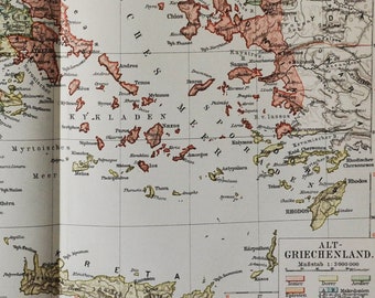 Old Greece - original antique map from 1902 (countries, cities, peloponnese, peloponnesus, athens, crete, hellenic republic, aegean sea)