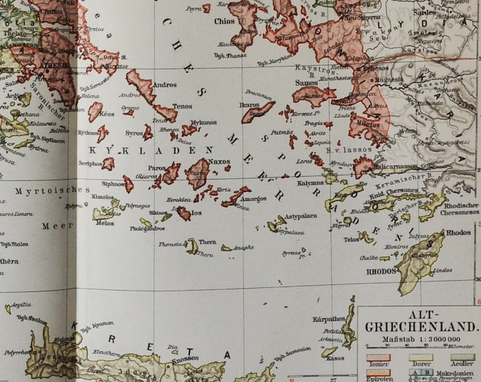 Old Greece - original antique map from 1902 (countries, cities, peloponnese, peloponnesus, athens, crete, hellenic republic, aegean sea)