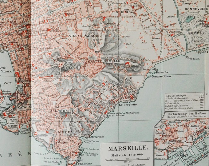 Marseille - original antique map from 1902 (country, city, marseilles, france, mediterranean sea, rhone, massalia, port, harbour, endoume)