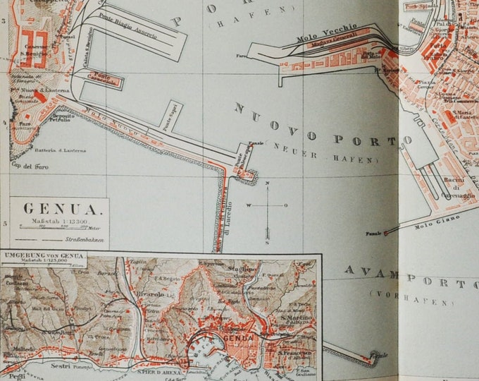 Genua - original antique map from 1902 (country, city, italy, genova, harbour, port, capital, liguria, san lorenzo, porto, nuovo, avamporto)