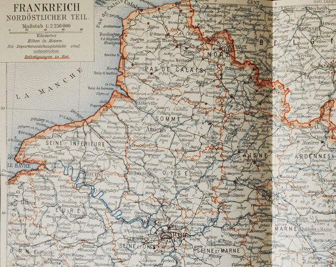 Northern France - original antique map from 1902 (country, city, paris, english channel, calais, la manche, versailles, ardennes, somme)