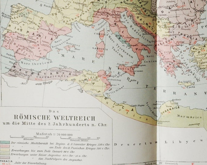 Roman Empire around 200 AD - original antique map from 1902 (italy, citiy, country, gallia, hispania, mare mediterraneum, constantinopolis)