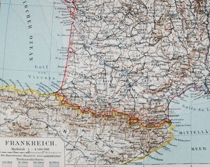 France - original antique map from 1902 (country, city, atlantic ocean, mediterranean sea, corsica, pyrenees, paris, english channel, rhone)