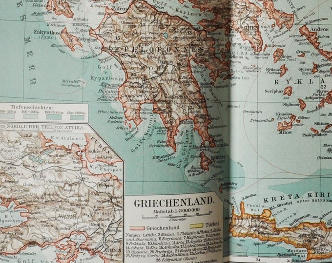 Greece - original antique map from 1902 (countries, cities, peloponnese, peloponnesus, athens, crete, hellenic republic, aegean sea, ionian)