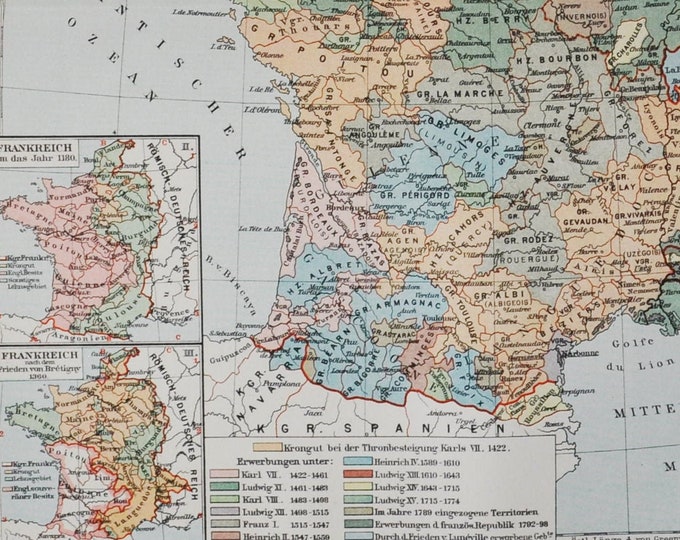 History of France - original antique map from 1902 (country, city, paris, carolingian dynasty, treaty of luneville, ludwig, republic)