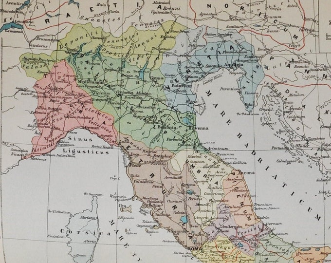 Italy during Roman Emperor Augustus - original antique map from 1902 (country, city, mediterranean sea, roman empire, sardinia, sicily)