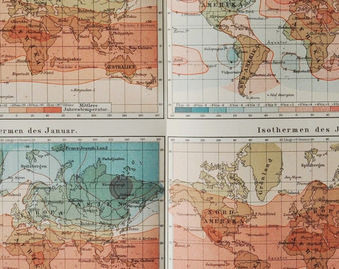World Temperatures - original antique map from 1902 (country, city, yearly temperatures, isothermal, january, july, yearly, europe, asia)