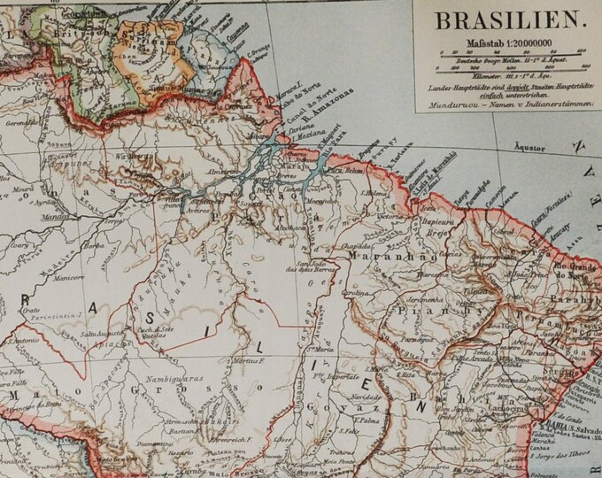Brazil - original antique map from 1902 (country, city, brasilia, rio de janeiro, brasil, portuguese, atlantic ocean, south america, latin)