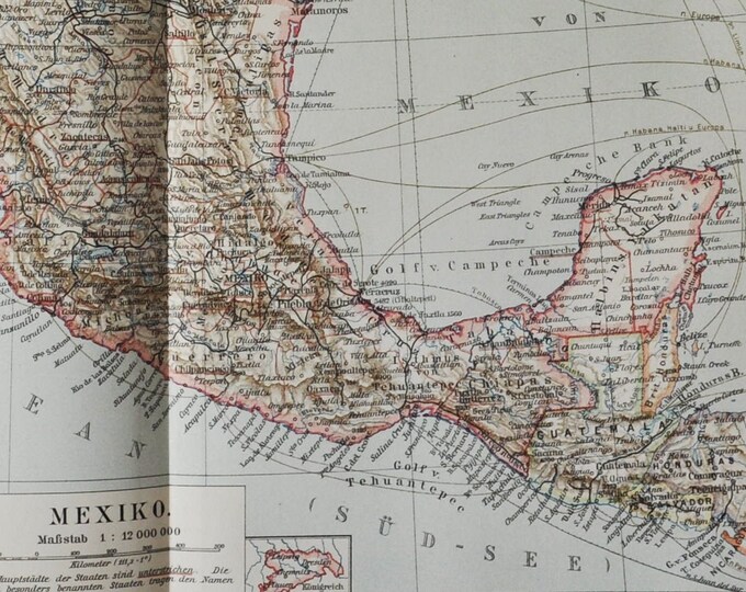 Mexico - original antique map from 1902 (country, city, united mexican states, pacific ocean, estados unidos mexicanos, gulf of mexico)