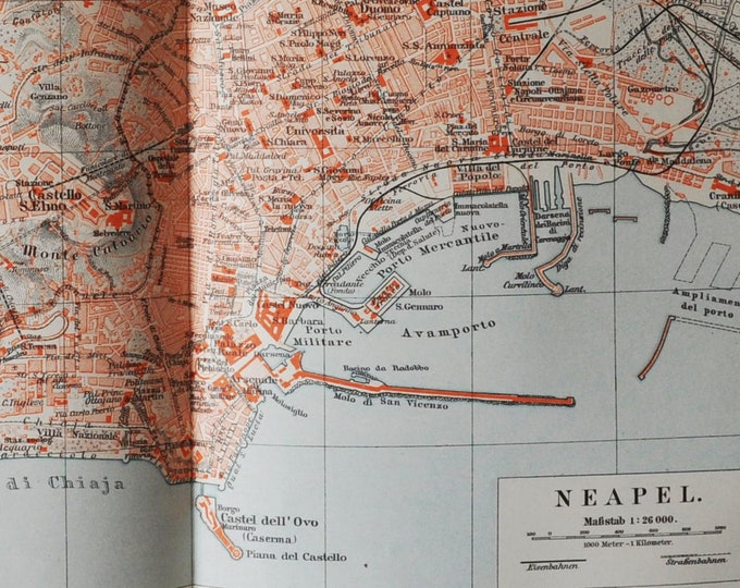 Napels - original antique map from 1902 (country, city, italy, downtown, metropolitan area, napoli, napule, campania, spiaggia di chiaia)