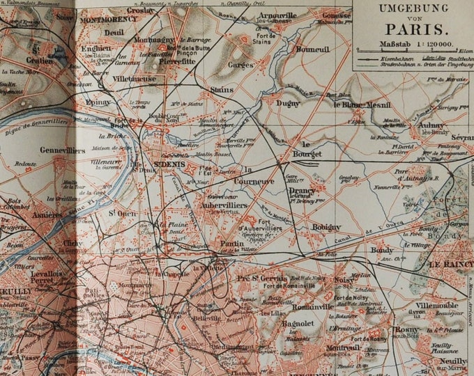 Paris metropolitan area - original antique map from 1902 (country, city, france, downtown, metropolitan area, seine, capital, napoleon)