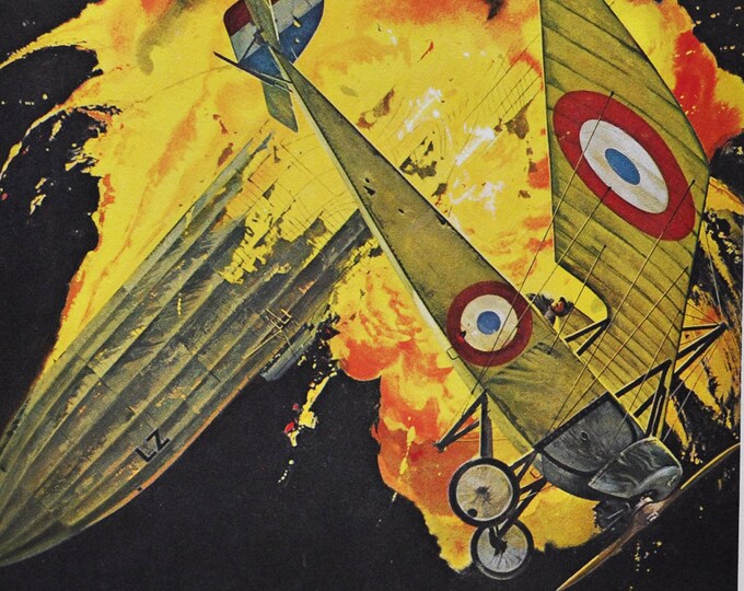 Warneford and Goliath - Original Military Print / Litho 1960's (ww1 plane fighter pilot royal navy air belgium zeppelin morane parasol)