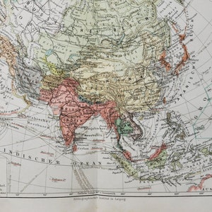 Puissances coloniales en Asie - carte antique originale de 1902 (pays régions topographie géographie empire britannique france pays-bas allemagne turquie)
