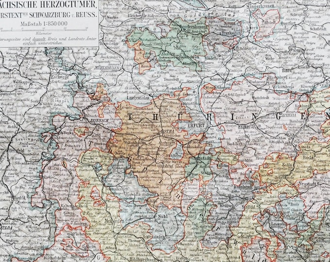 Saxon / Ernestine Duchies - original antique map from 1902 (country region province geography königreich sachsen german empire thuringia)