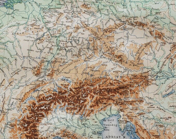 Rivers and Mountains in Central Europe - original antique map from 1902 (country city regions topography geography alps bernhard gotthard)