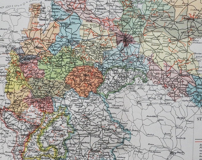 State Railways and Private Railways in the Germany Empire - original antique map from 1902 (country city rail topography train stations)