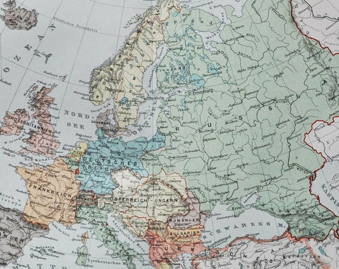 Europe - original antique map from 1902 (country, city, province, region, metropolitan, geography, topography, north sea, mediterranean)