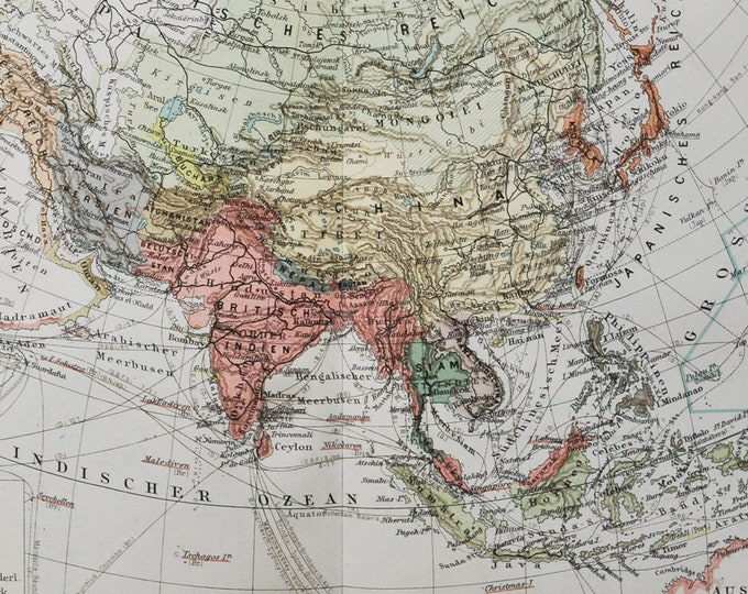 Colonial Powers in Asia - original antique map from 1902 (country regions topography geography british empire france dutch german turkey)
