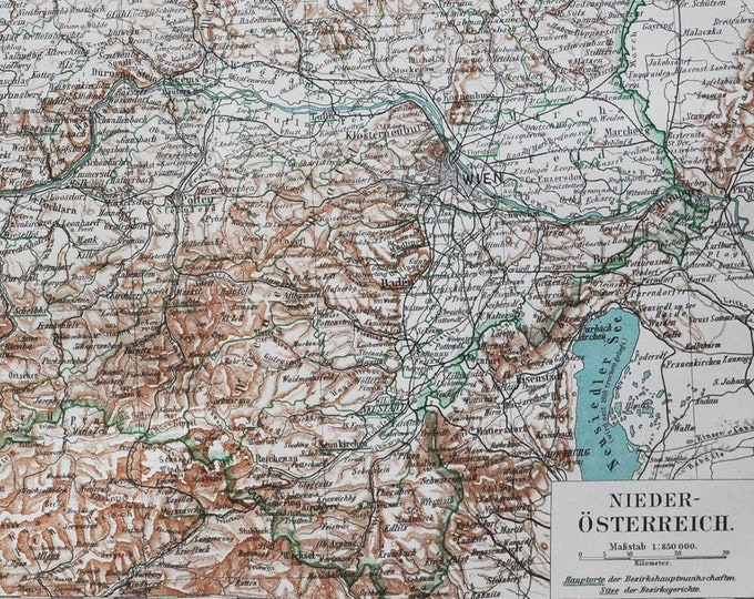 Lower Austria - original antique map from 1902 (country province region metropolitan geography topography vienna niederösterreich alps)
