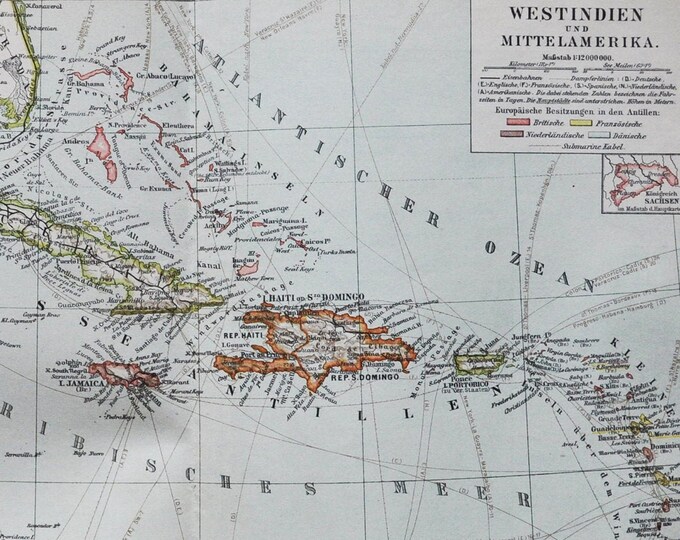 West Indies & Central America - original antique map from 1902 (country city regions geography islands caribbean sea cuba barbados antigua)