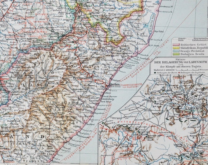 South Africa - German Colonial Military Events  - original antique map from 1902 (country city regions geography boer war ladysmith cronje)