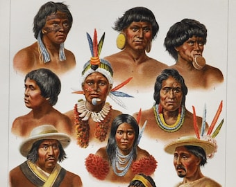 American People II - Original Antique Print - 1906 (Maipure, Omagua, Cambeba, Umana, Kambeba, Aimoré Botocudo Ticuna Miranha Natives Indian)