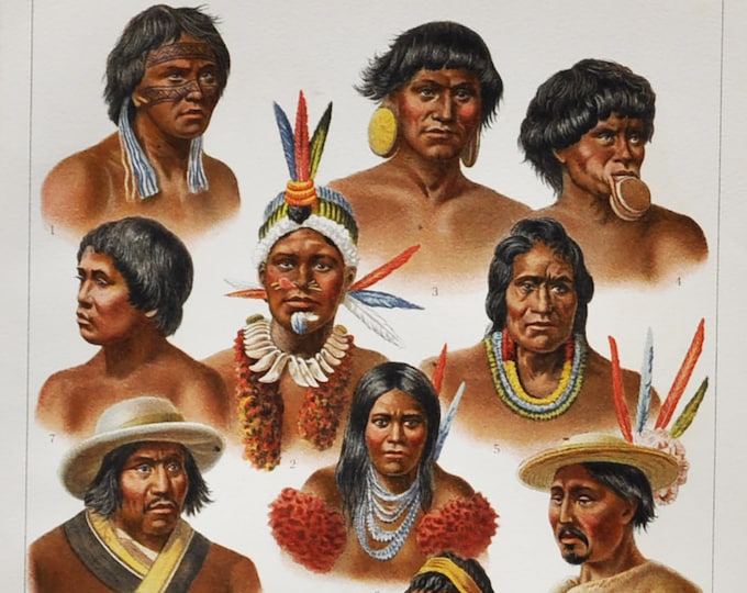 American People II - Original Antique Print - 1906 (Maipure, Omagua, Cambeba, Umana, Kambeba, Aimoré Botocudo Ticuna Miranha Natives Indian)