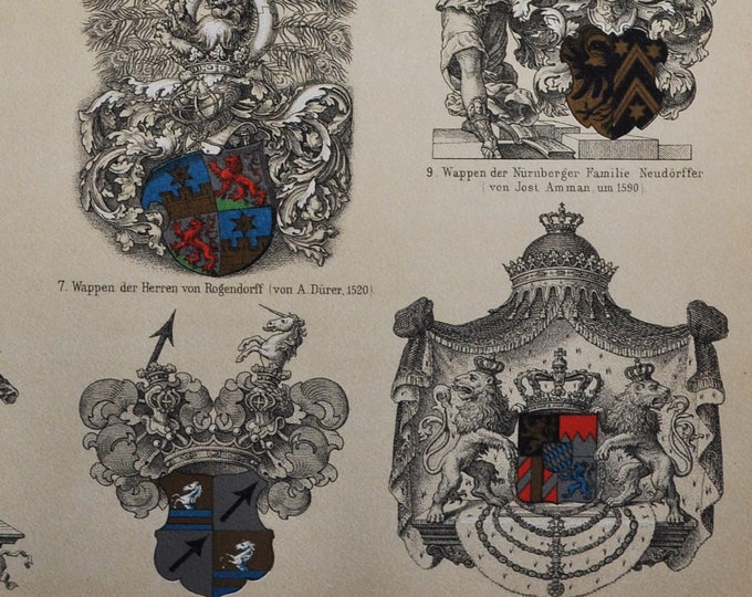 Heraldry (History of Coat of Arms) - Original Antique Print - 1906 (City of Gorlitz, Germany, Prussia, Family, Armory, Bayern, Shield)