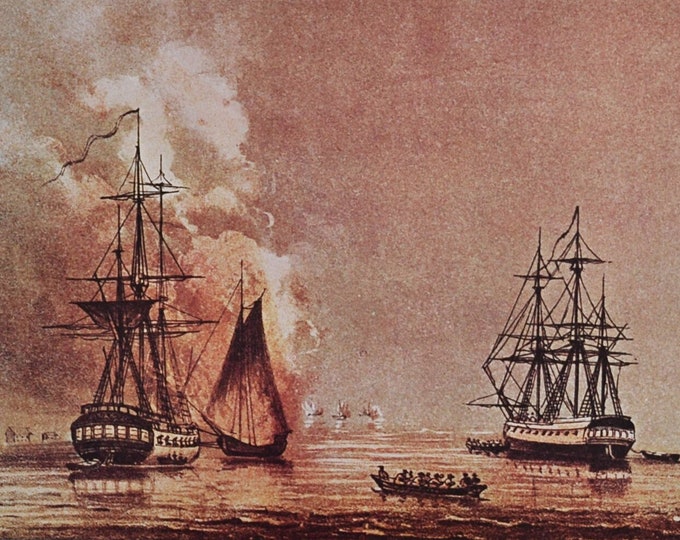 Fireships Attack HMS Phoenix and HMS Rose August 16 1776 - Original Military Print from 1970s (naval history us royal navy war hudson river)