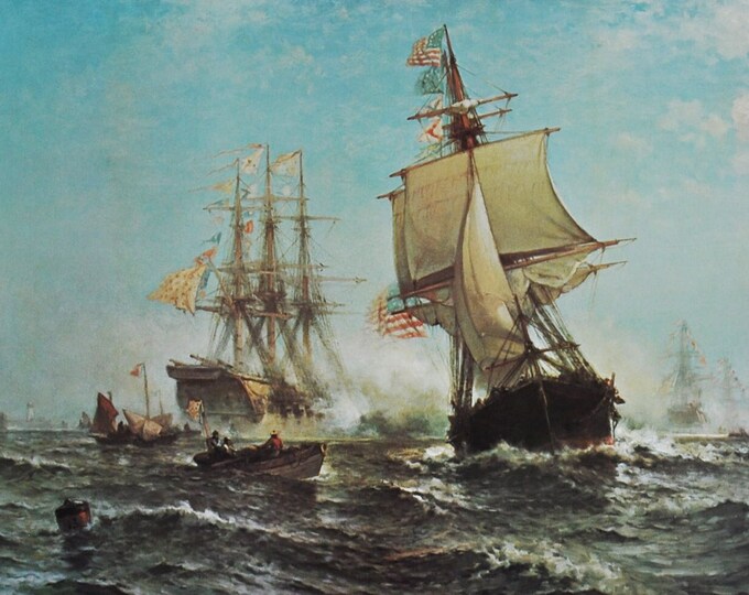 First Recognition of the Stars and Stripes February 14 1778 - Original Military Print from 1970s (naval history navy john paul jones french)