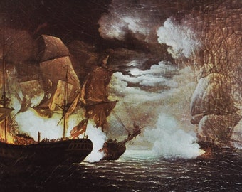 Bonhomme Richard Captures Serapis September 23 1779 - Original Military Print from 1970s (naval history usa navy war ship john paul jones)