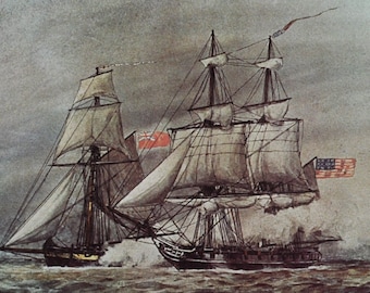 Lexington Captures Edward April 7 1776 - Original Military Print from 1970s (naval history us royal navy war ship john barry virginia capes)