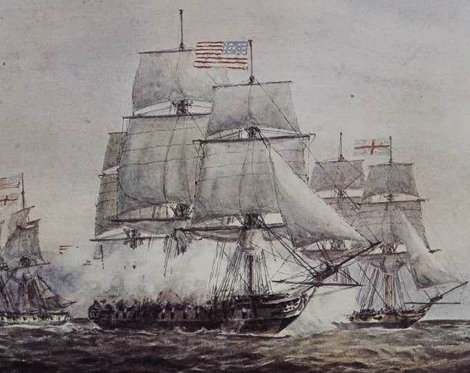 Alliance Captures Atalanta and Trepassy May 29 1781 - Original Military Print from 1970s (naval history us navy war ship john barry frigate)