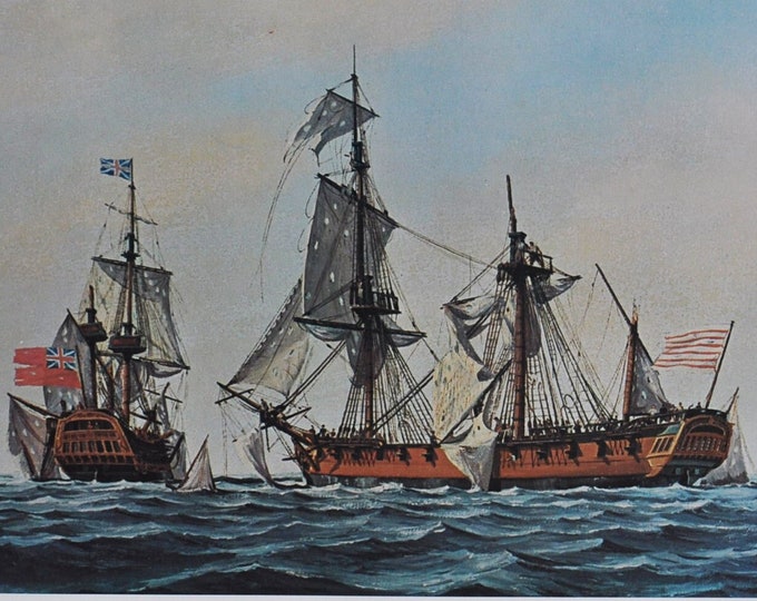 Trumbull vs Watt June 1 1780 - Original Military Print from 1970s (naval history usa navy war ship revolutionary bermuda james nicholson)