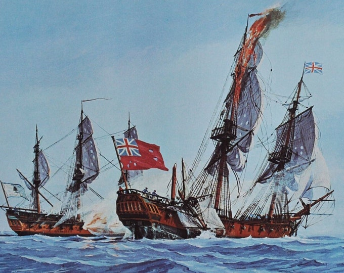 Protector vs Admiral Duff June 9 1780 - Original Military Print from 1970s (naval history navy war ship revolutionary john foster williams)