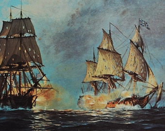Ranger Captures Drake April 24 1778 - Original Military Print from 1970s (naval history usa navy war ship irish sea james nicholson hms us)